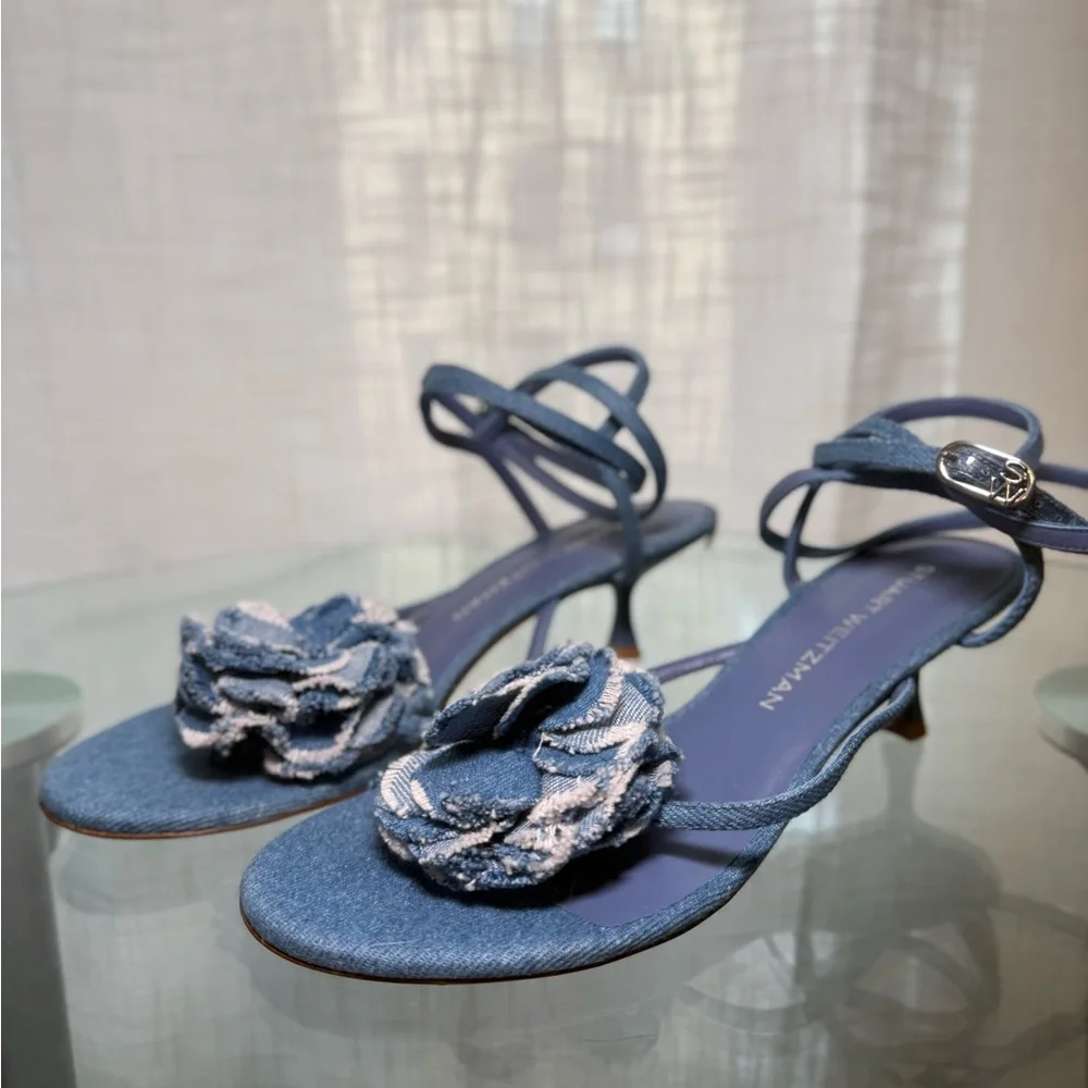 Stuart Weitzman Denim Sandals with Floral Detail - Picture 1 of 4